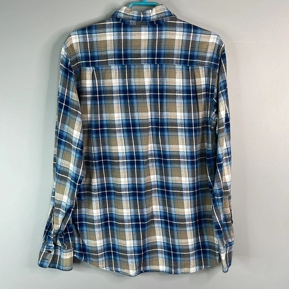 QUIKSILVER Mens Plaid Flannel Button Up Shirt Blue Tan Long Sleeve Logo Skate S - Picture 12 of 16